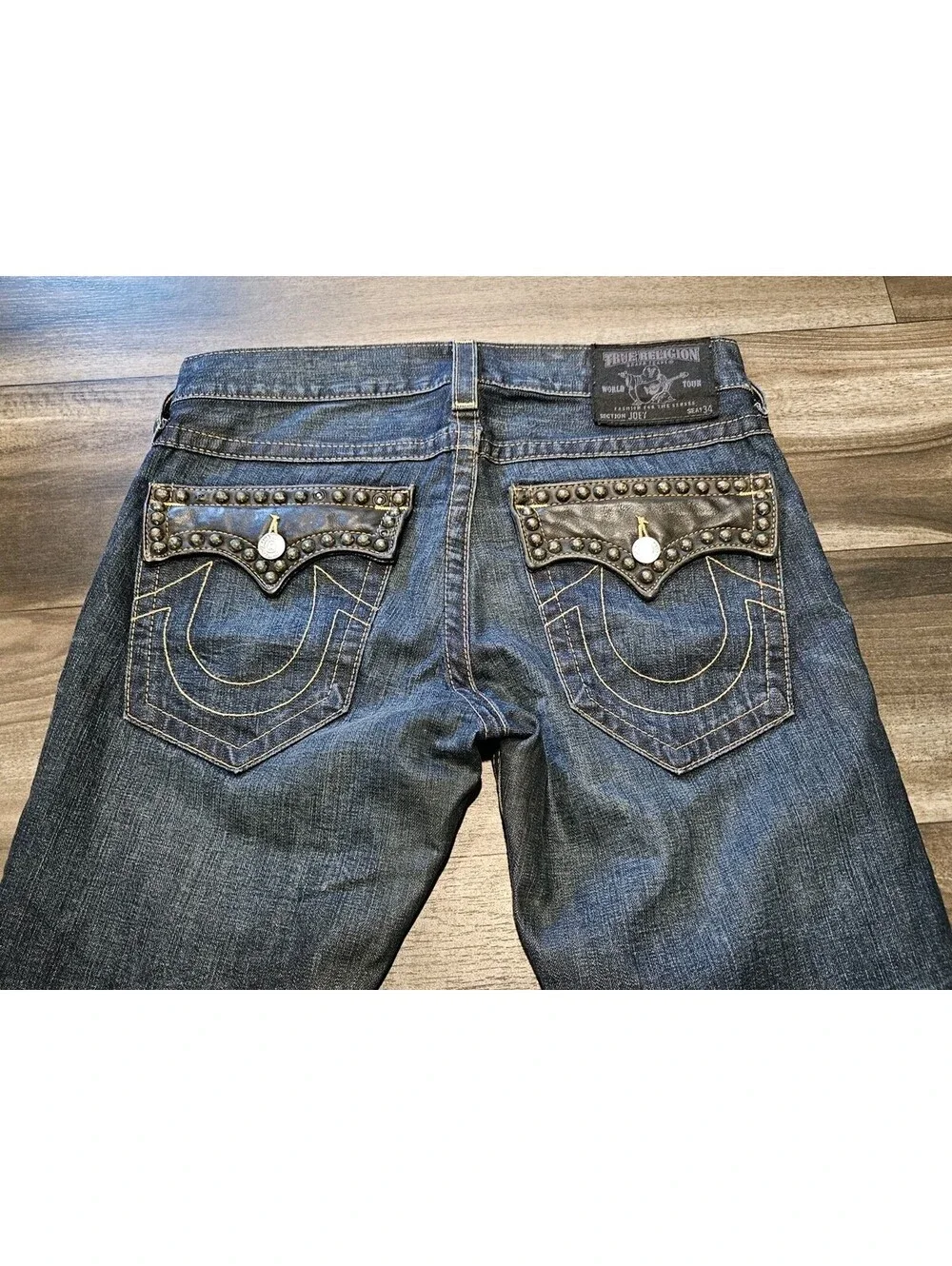 USA True Religion Joey Studded Mens 31x30 Dark Wash Blue Jeans Thick Stitch